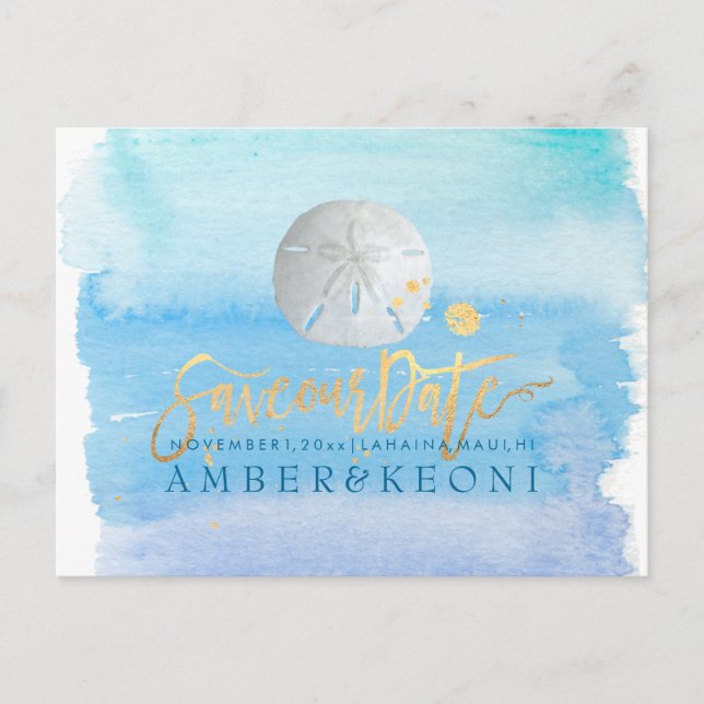 PixDezines Watercolor/Starfish/Beach Save Date Announcement Postcard (Front)