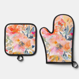 PixDezines Watercolor Summer Garden Roses Oven Mitt & Pot Holder Set