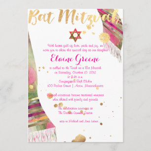 PixDezines Watercolor Tallit Bat Mitzvah/gold Invitation