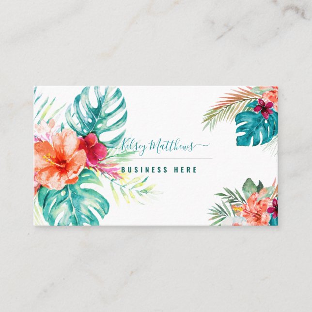 PixDezines Watercolor Tropical Flowers Foliage Business Card (Front)