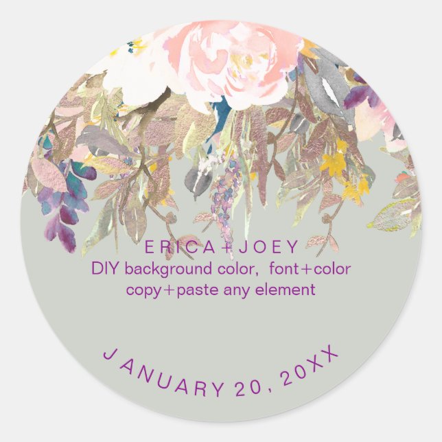 PixDezines Watercolor Wisteria+Peonies Classic Round Sticker (Front)
