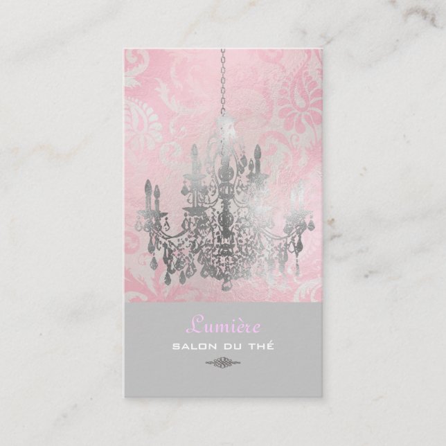 PixDezines White Chandelier+Pink Damask Business Card (Front)