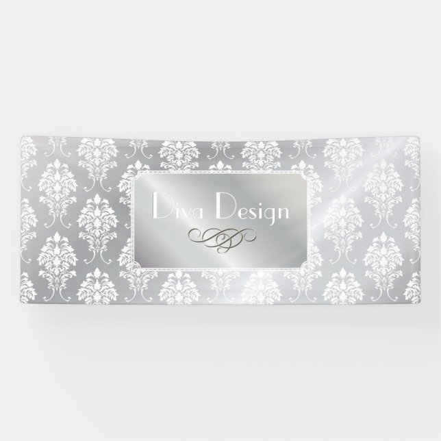 PixDezines White Damask + Silver Tone Banner (Horizontal)