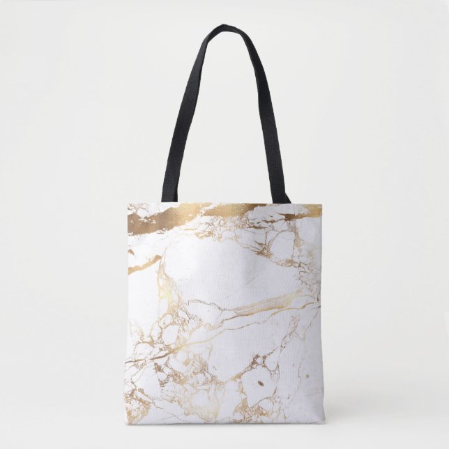 PixDezines WHITE MARBLE+FAUX GOLD VEINS Tote Bag (Front)
