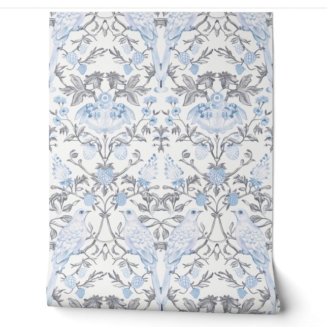 PixDezines William Morris Blue Strawberry Thief Wallpaper (Unrolling)