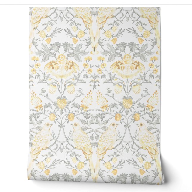 PixDezines William Morris Yellow Strawberry Thief Wallpaper (Unrolling)