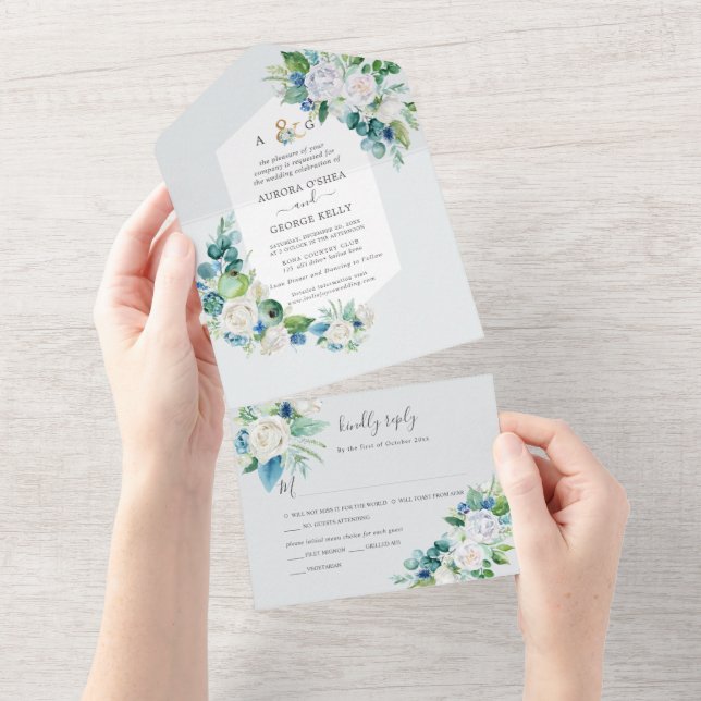 PixDezines Winter H2 Flowers Elegant White Blue  All In One Invitation (Tearaway)