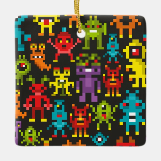 Pixel 8bit monsters ceramic ornament (Front)