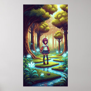 Pixel anime girl in a dense forest  poster