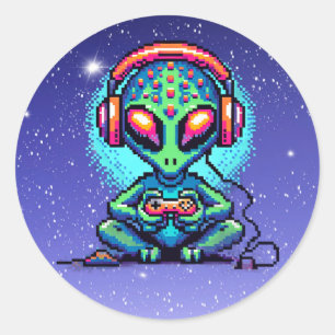 Pixel Art Alien playing Video Games Classic Round Sticker