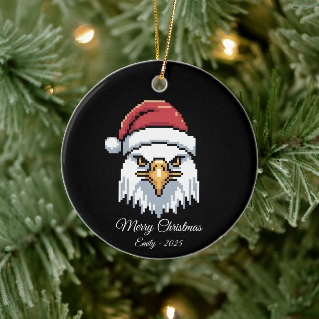 Pixel Art Bald Eagle Santa Hat Ceramic Ornament (Tree)