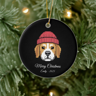 Pixel Art Beagle Dog Winter Hat Ceramic Ornament