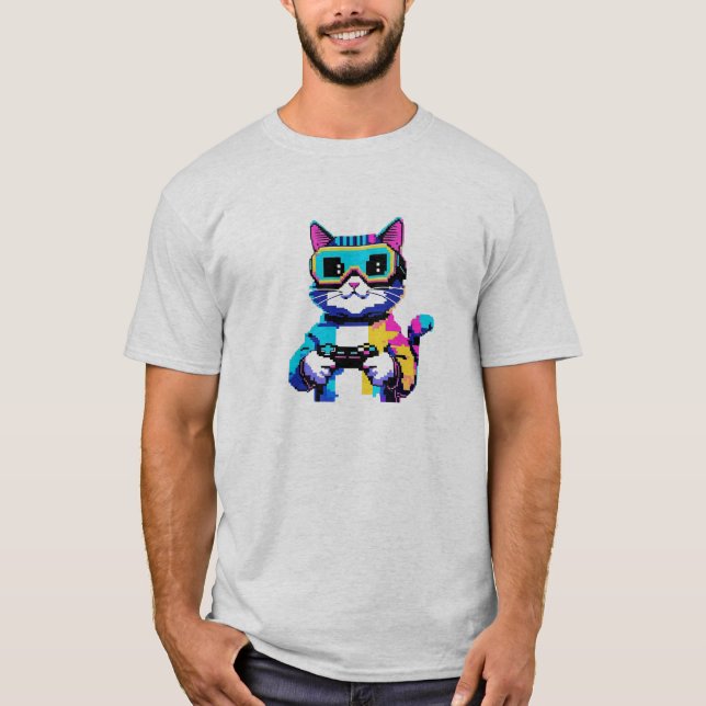 Pixel Art Cat Gamer T-Shirt (Front)