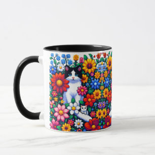 Pixel Art Cat, Kitten and Flowers  Mug