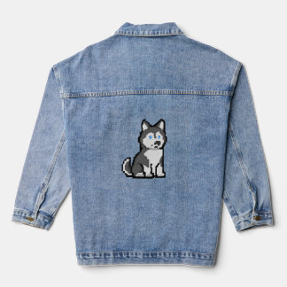 Pixel Art Curious Husky T-Shirt – Adorable Retro D Denim Jacket