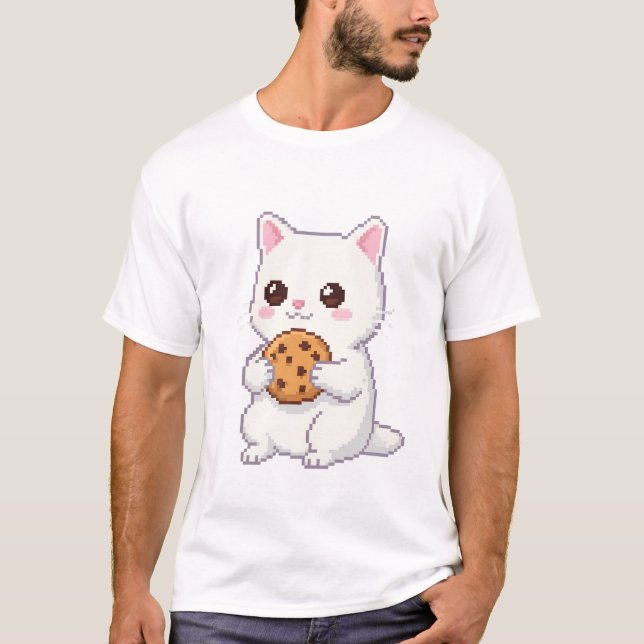 Pixel Art Cute Cat with Cookie - Adorable and Swee T-Shirt (Front)