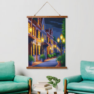 Pixel art depiction of a serene city street at nig hanging tapestry