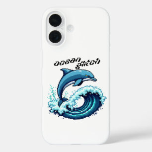 Pixel Art Dolphin Jumping Over Wave Design iPhone 16 Case