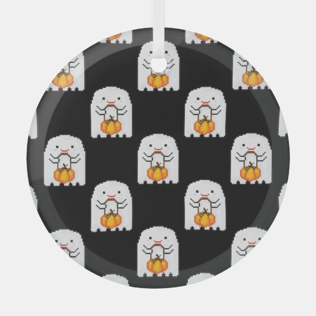 Pixel art ghost: Halloween pattern Glass Ornament (Front)