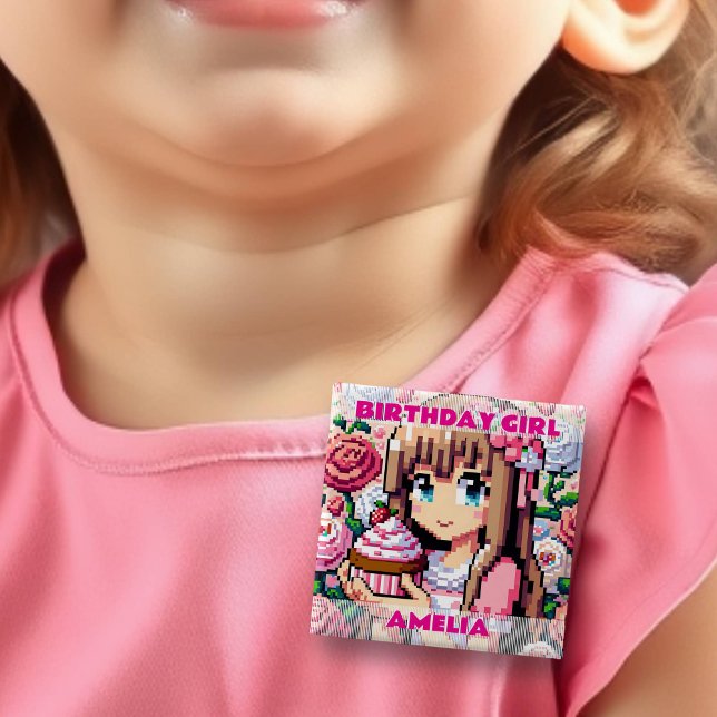 Pixel Art Girl's Pink Birthday Girl Personalized 2 Inch Square Button (Creator Uploaded)