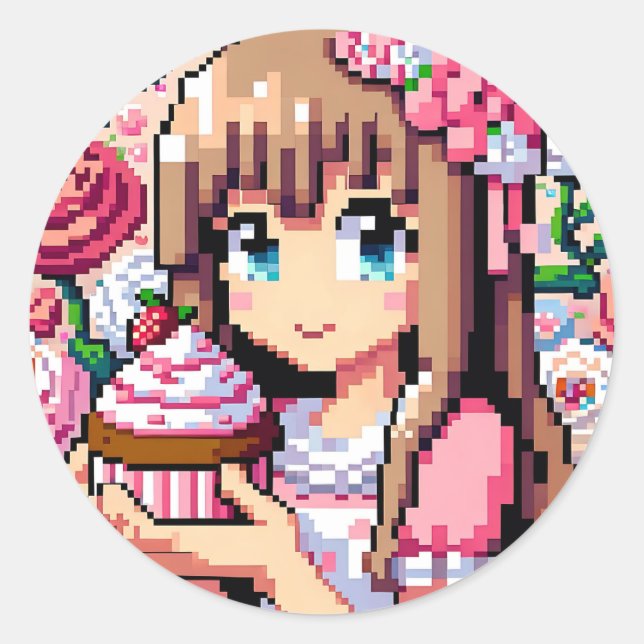Pixel Art Girl's Pink Birthday Party Classic Round Sticker (Front)