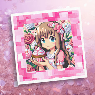 Pixel Art Girl's Pink Birthday Party Napkin