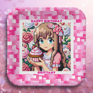 Pixel Art Girl's Pink Birthday Party Personalized Paper Plate