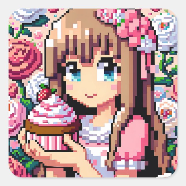 Pixel Art Girl's Pink Birthday Party Square Sticker (Front)