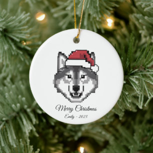 Pixel Art Husky Dog Santa Hat Christmas Gift Ceramic Ornament