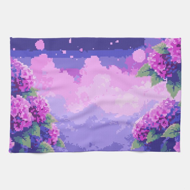 Pixel Art Kitchen Towel with Hydrangea (Horizontal)