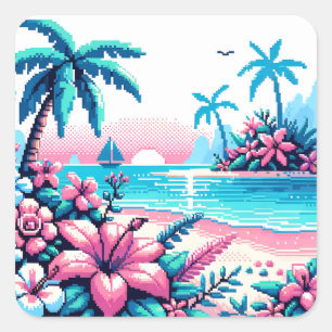 Pixel Art Ocean Pink and Blue Tropical Art Square Sticker