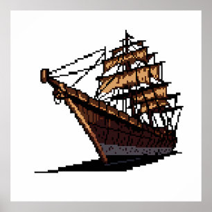Pixel Art Pirate Ship on Grey Background Poster