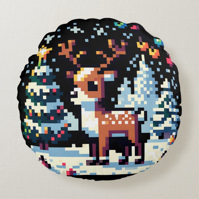 Pixel Art Reindeer in the Snow Christmas  Round Pillow (Front)