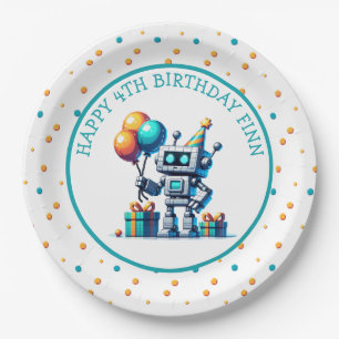 Pixel Art Robot in Orange and Teal Birthday  Paper Plate