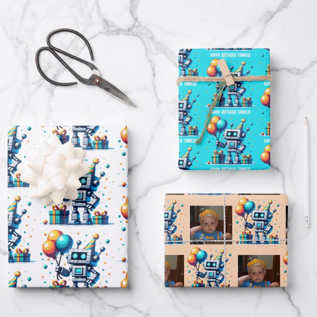Pixel Art Robot in Orange and Teal Birthday  Wrapping Paper Sheet (Front)
