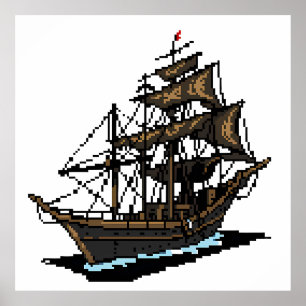 Pixel Art Sailing Ship on Water Poster