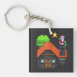Pixel Art Santa on Rooftop Christmas House Scene Keychain