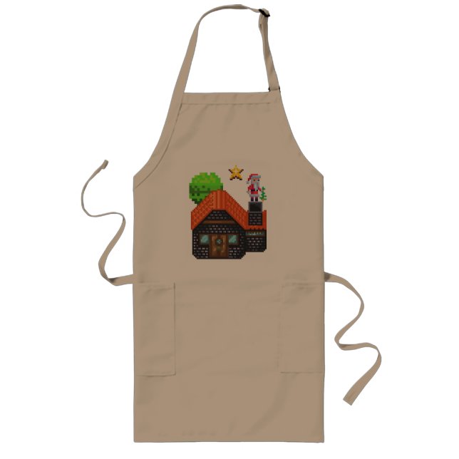 Pixel Art Santa on Rooftop Christmas House Scene Long Apron (Front)