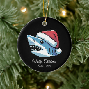 Pixel Art Shark Santa Hat Ceramic Ornament