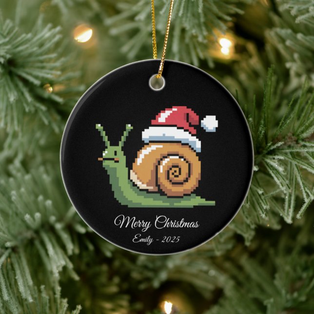 Pixel Art Snail Santa Hat Black Ceramic Ornament (Tree)