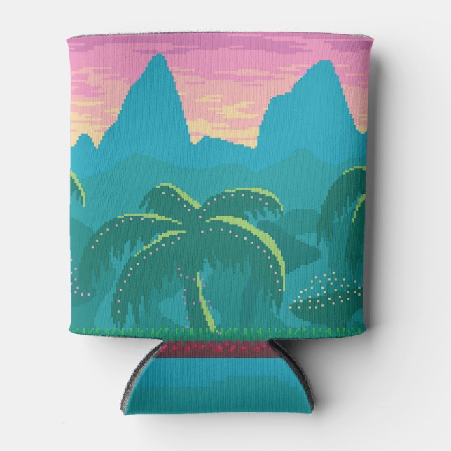 Pixel Art Tropics Landscape Game Can Cooler (Front)