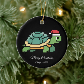 Pixel Art Turtle Tortoise Santa Hat Ceramic Ornament