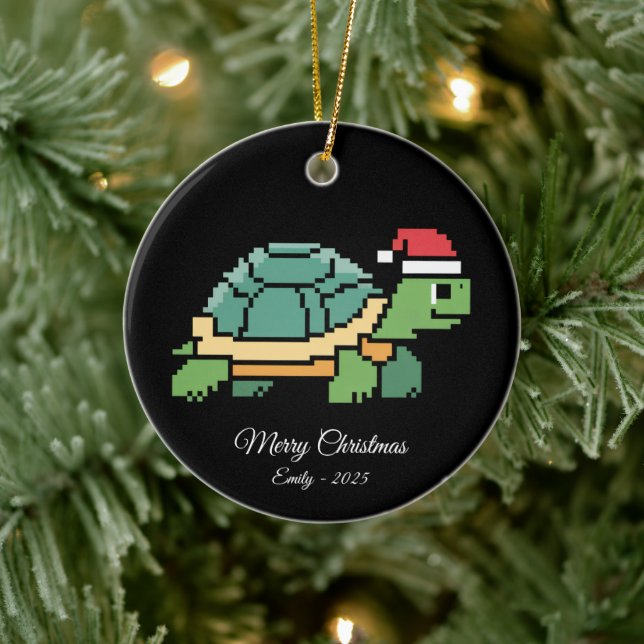 Pixel Art Turtle Tortoise Santa Hat Ceramic Ornament (Tree)