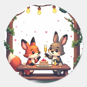 Pixel Art Wedding Fox Rabbit Fairy Lights Retro St Classic Round Sticker