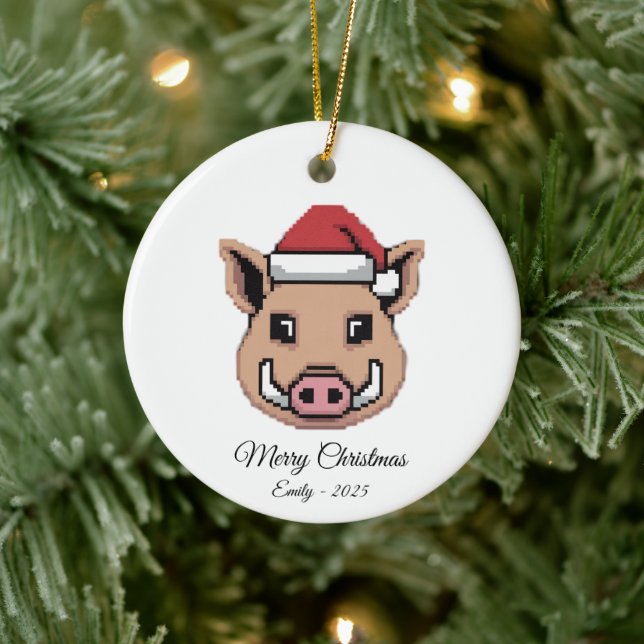 Pixel Art Wild Boar Warthog Santa Hat Gift Ceramic Ornament (Tree)