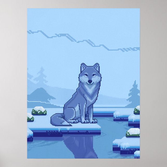 Pixel Art Wolf in a Snowy Landscape Poster (Front)