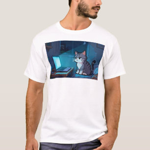 Pixel Cat Doomscrolling on Laptop – Late Night Mem T-Shirt