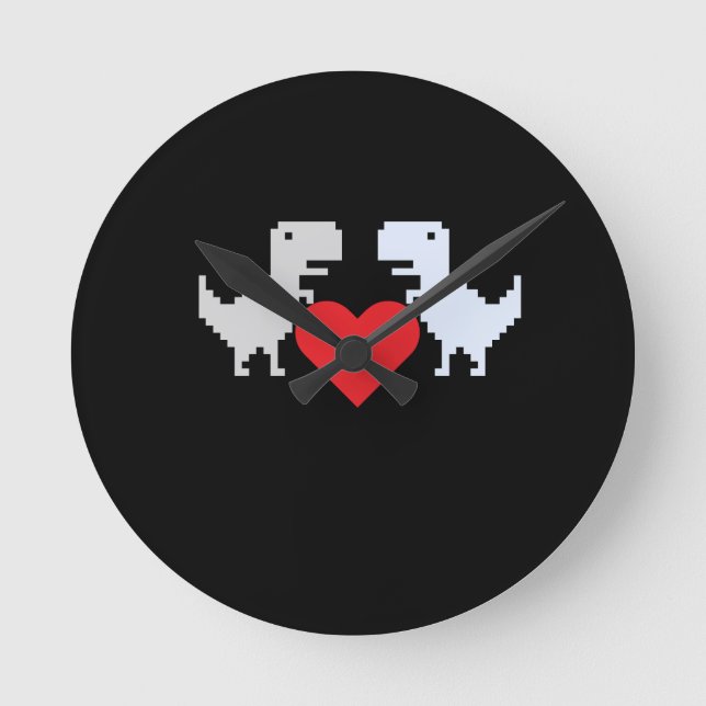 Pixel Dinosaur Love – Cute Keychain Gift for Coupl Round Clock (Front)