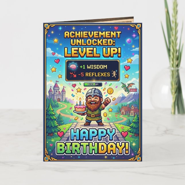 Pixel Game Birthday Card Level Up Gamer Retro (Front)