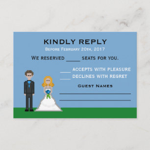 Pixel Gamer Blonde Bride & Groom Wedding RSVP Card
